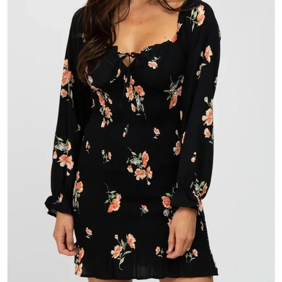 Black Floral Long Sleeve Smocked Maternity Mini Dress - Picture 5 of 5